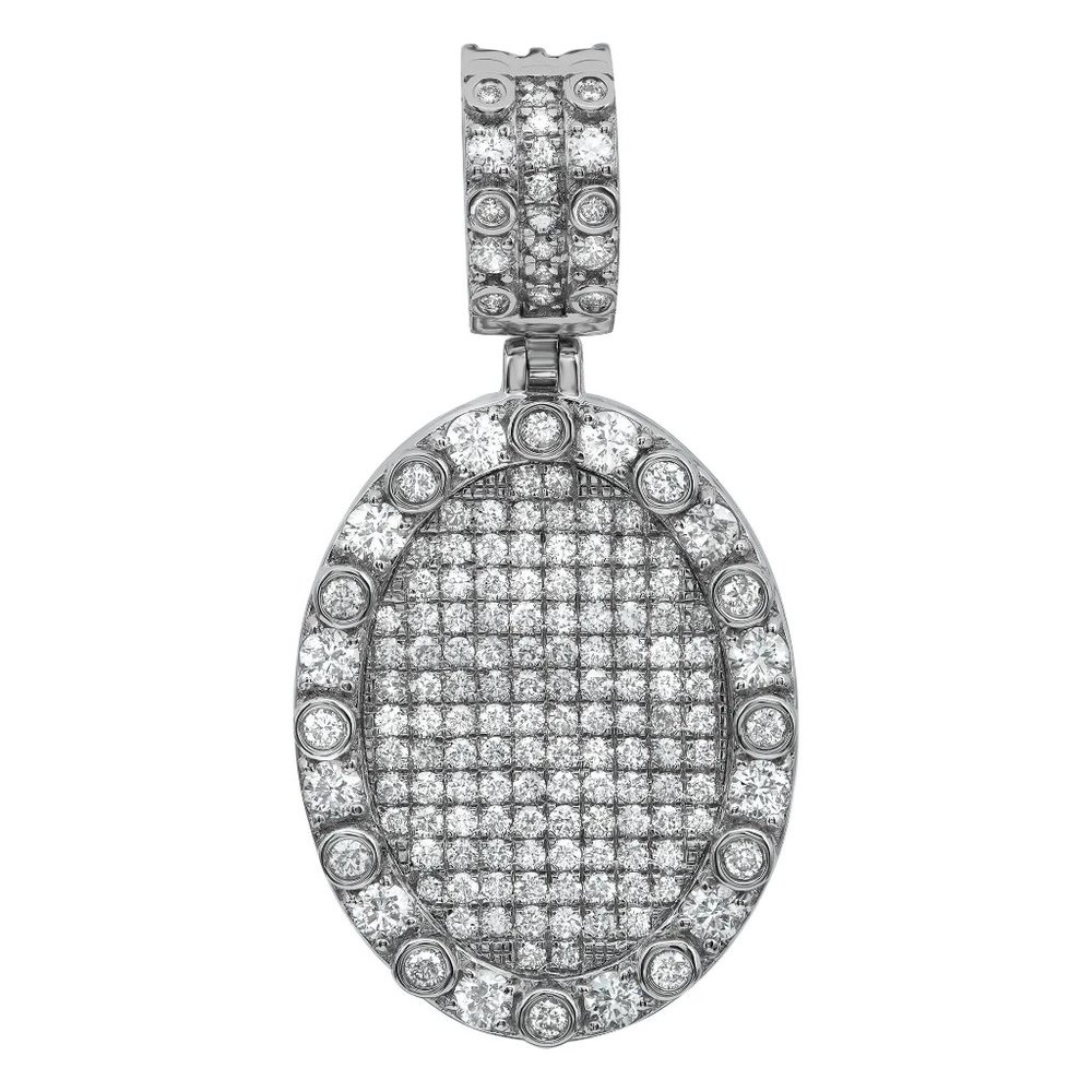Pave & Bezel Set Round Cut Diamond Oval Shape Pendant 14K White Gold 1.77Cttw
